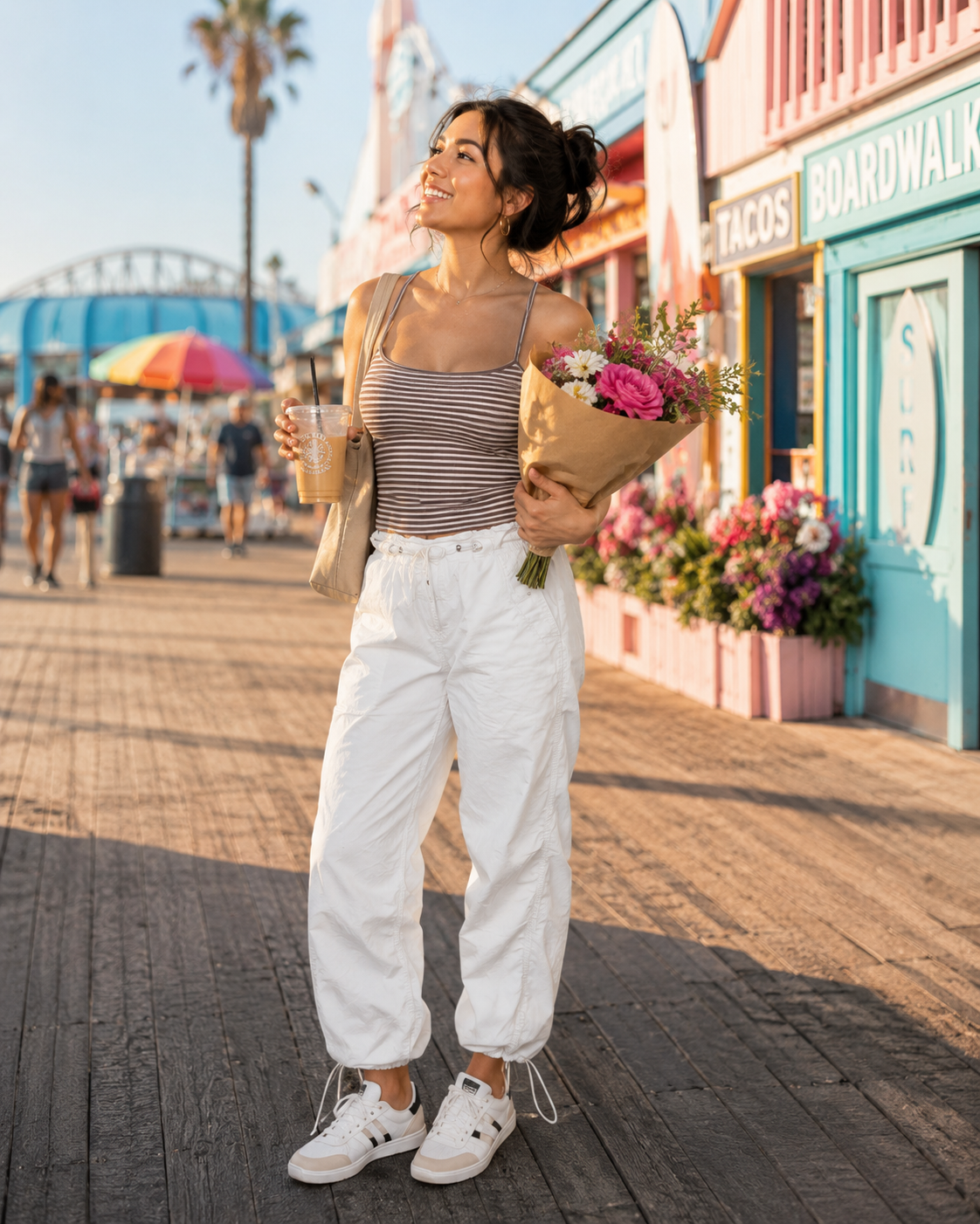 American Eagle white cotton elastane pants with drawcord waist and adjustable ankle detail