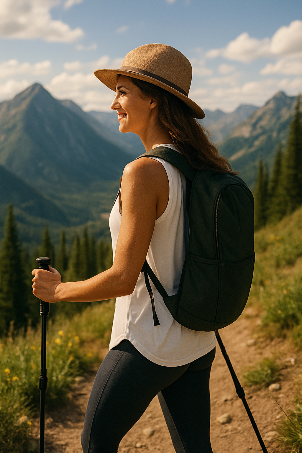 Mountain trail adventure in Athleta Summit Spirit tank showing versatile activewear, side view, powerful feeling
