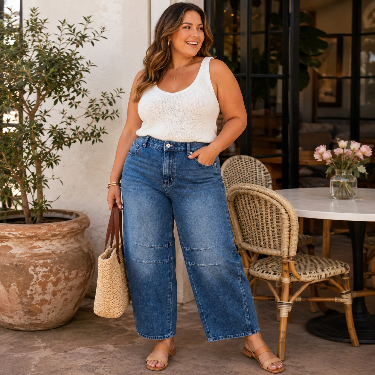 Soft cotton blend denim barrel pants with relaxed modern fit