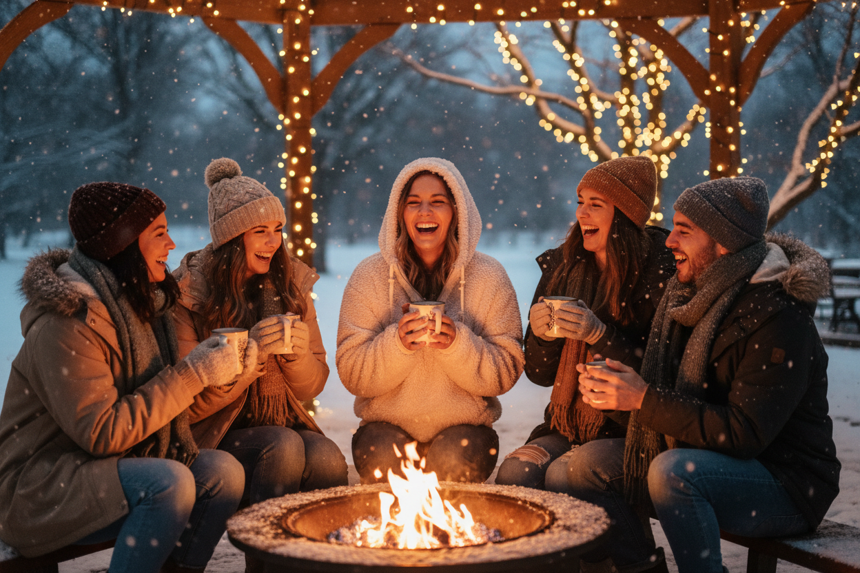 lululemon - Plush Sherpa 1/2 Zip Pullover Hoodie - Size 10 - Ivory Friends enjoying a cold night outdoors in cozy hoodies