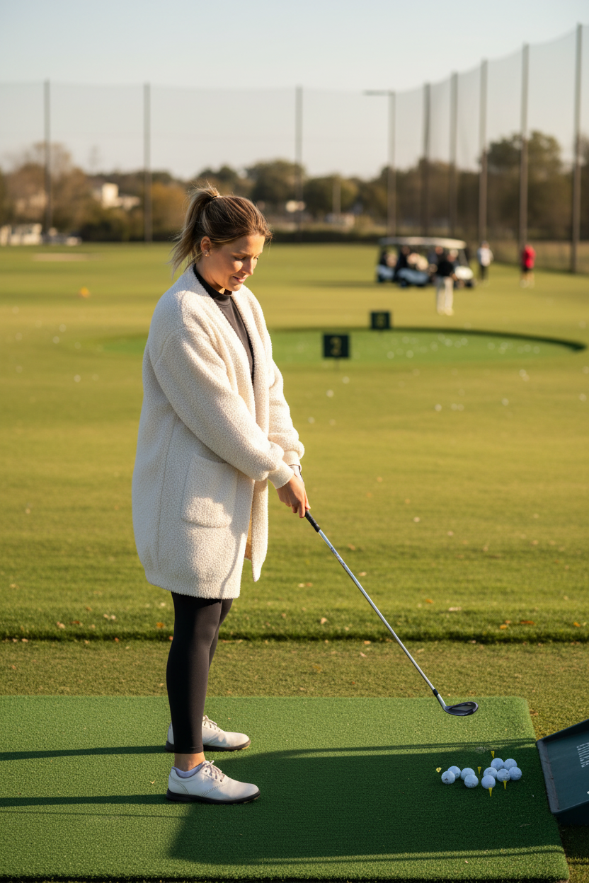 Plushie Cozy - Ivory Fuzzy - Size LWoman at driving range wearing ivory Sherpa cardigan