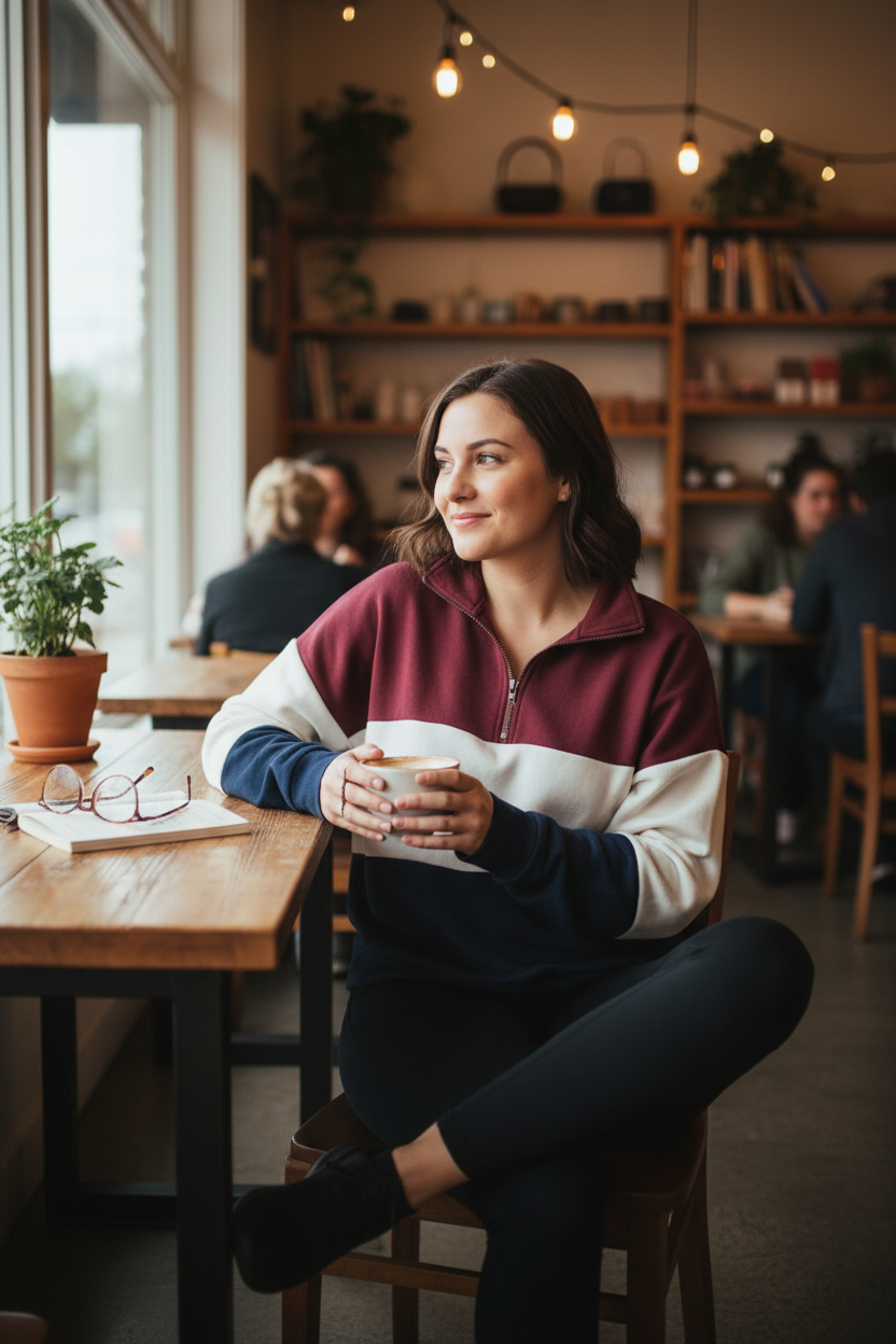 L.A. Hearts - Mauve, Cream & Navy Colorblock Quarter-Zip Sweatshirt, Size S Woman wearing maroon colorblock quarter-zip at cafe