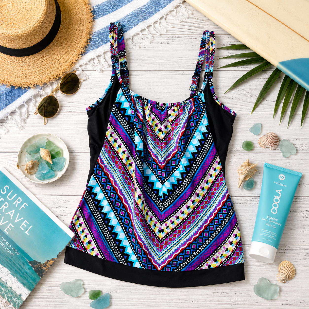24th and Ocean turquoise pink red and black tankini swim top