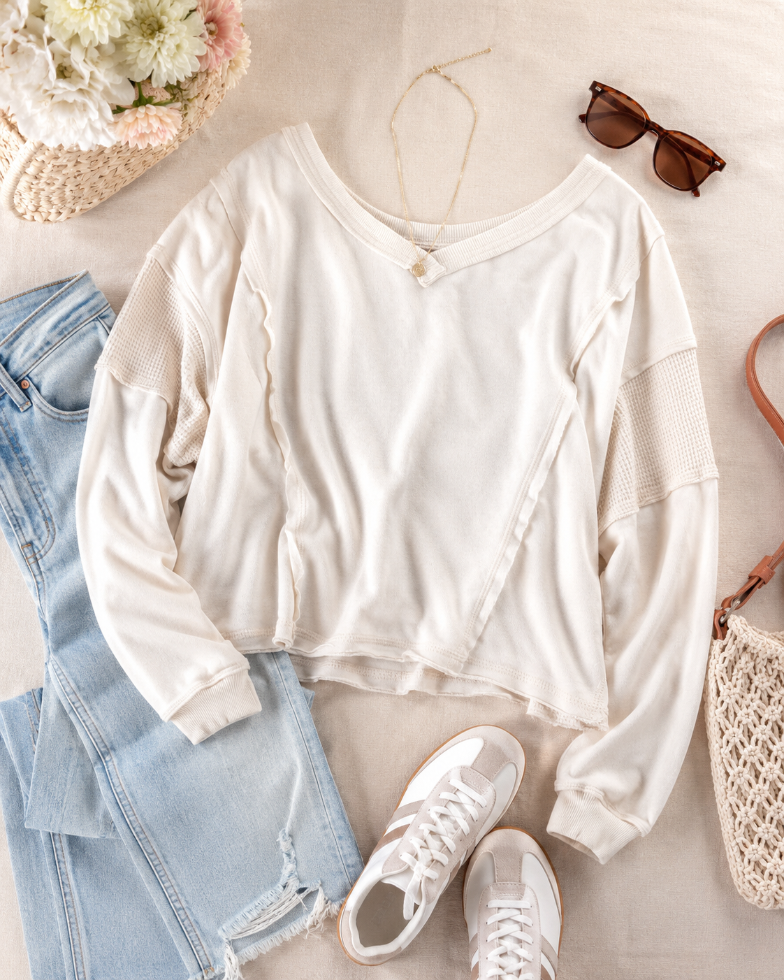 Ivory Altar’d State loose fit sweatshirt size large with waffle texture panels and exposed seams