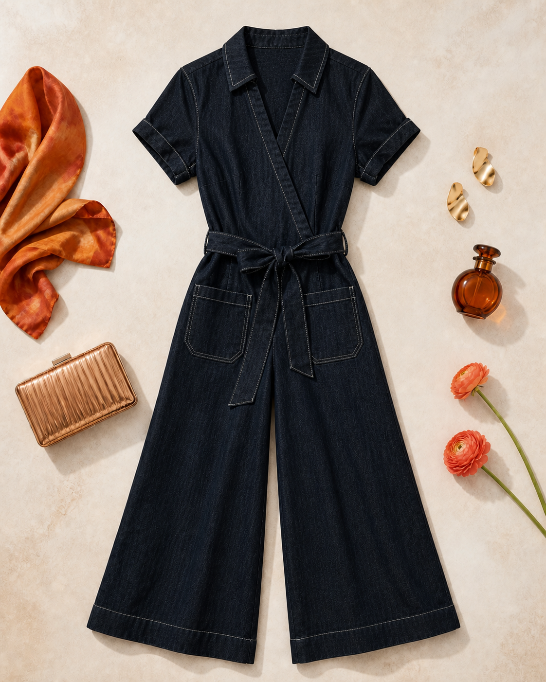 New with tags Anthropologie Maeve stretch denim jumpsuit with a faux-wrap bodice and wide cropped culotte legs