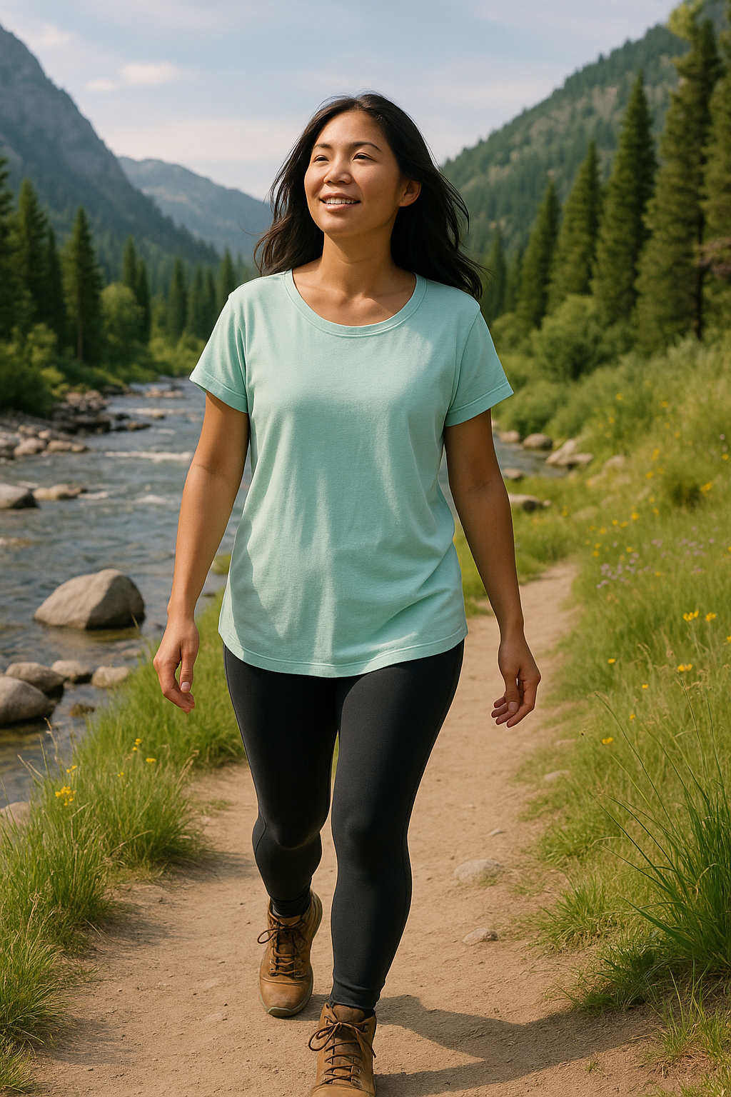 Athleta Trailbliss t-shirt lifestyle shot showing relaxed fit and casual styling