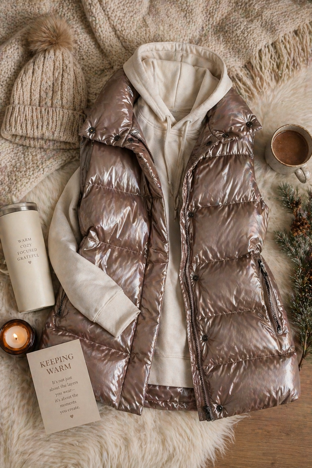 Athleta Downtown Vest metallic brown puffer vest with hoodie layered for cozy fall and winter styling.