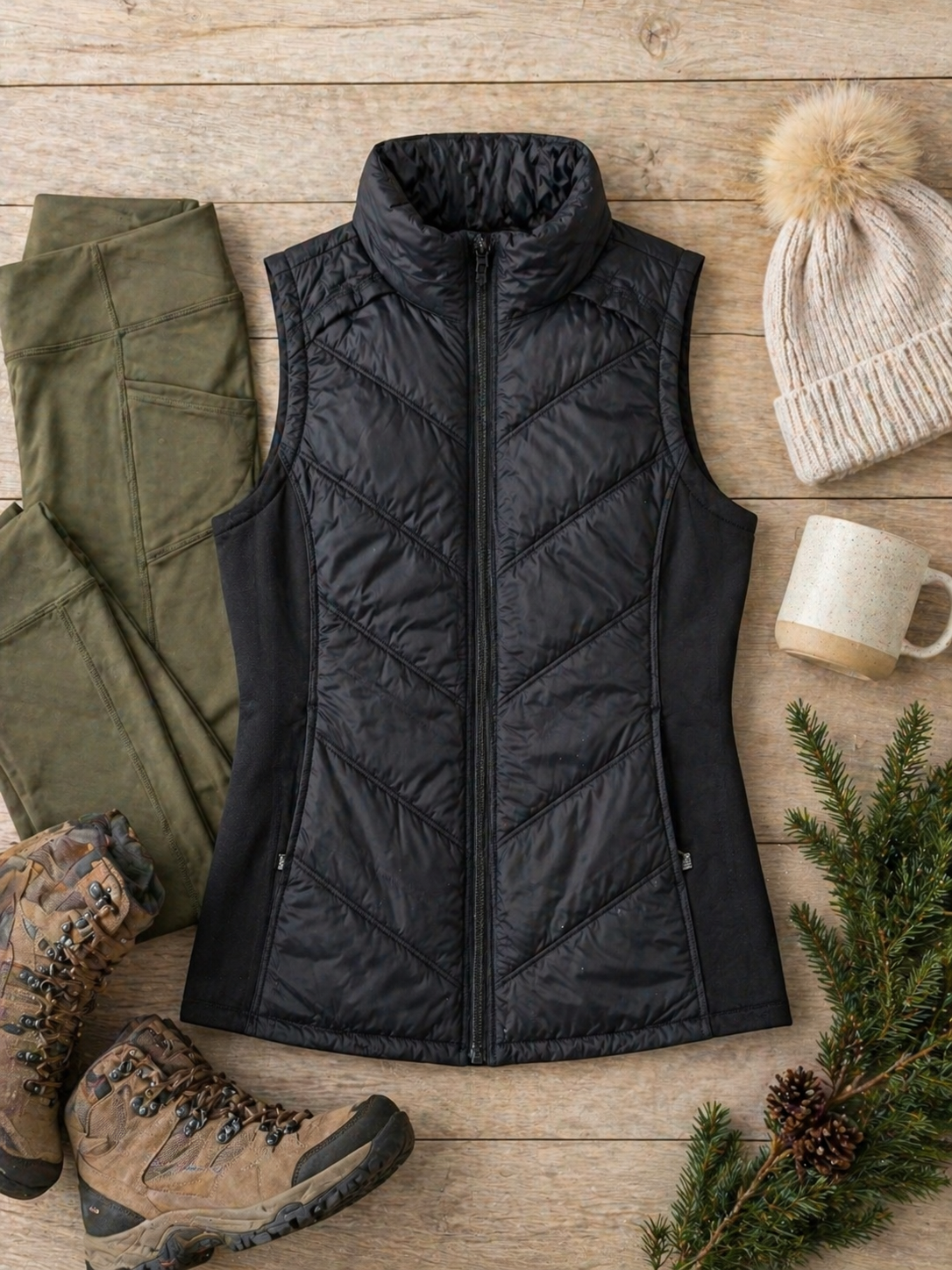 Athleta black quilted puffer vest, side view showing stretch side panels, medium tall