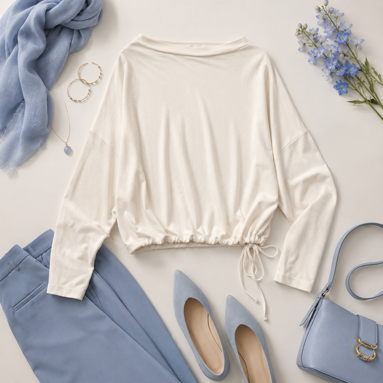 Athleta cream boatneck top with fluid dolman sleeves, a soft draped body, and cinchable hem styling.
