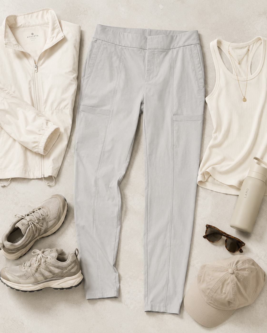 Athleta light gray stretch skinny pants for walking travel and casual outdoor wear