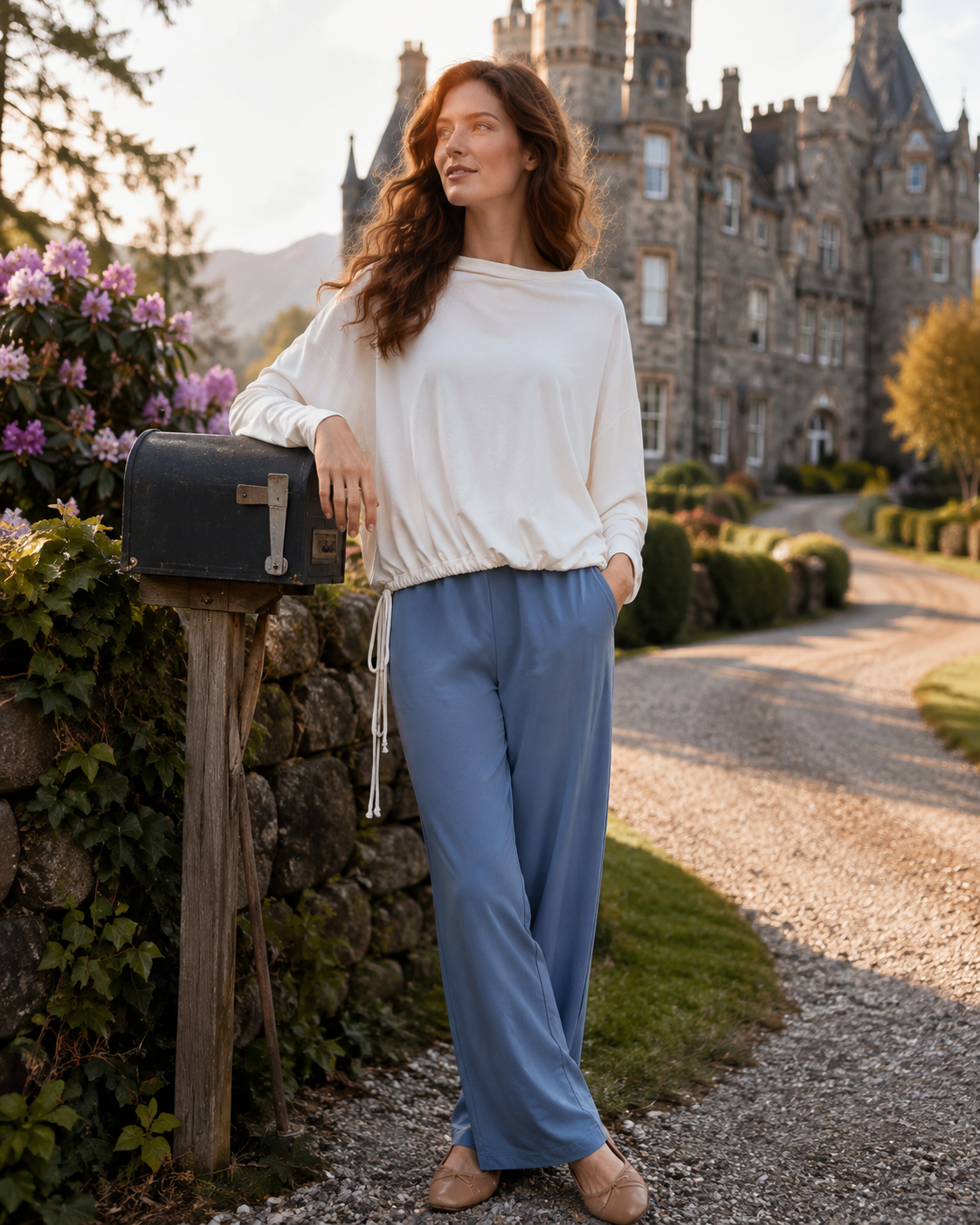 Athleta warm ivory boatneck top with long batwing sleeves, tassel ties, and an adjustable cinch hem in women’s size M.