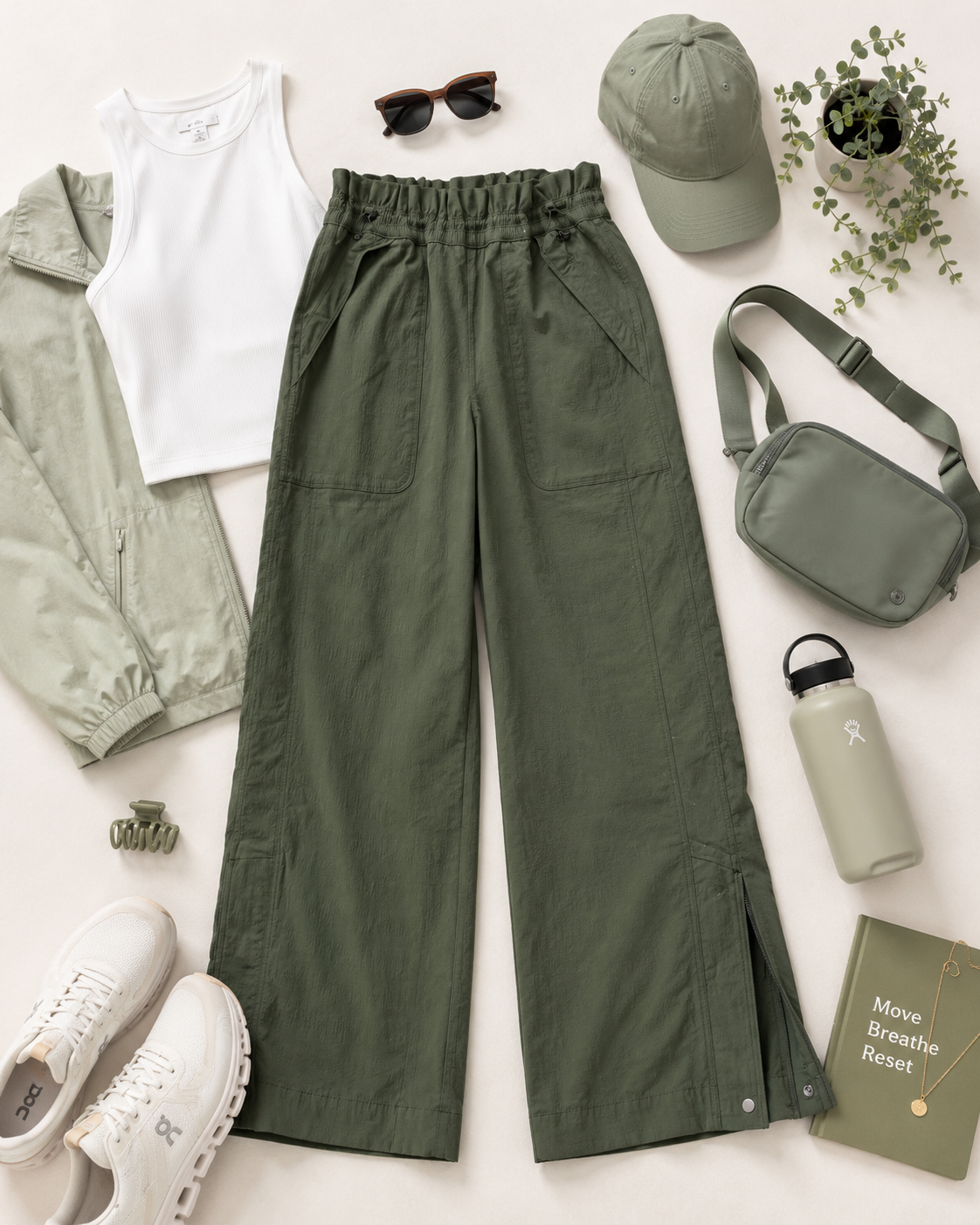Athleta size 6 olive green nylon spandex pants with adjustable waist and ankle zipper vents styled for everyday athleisure