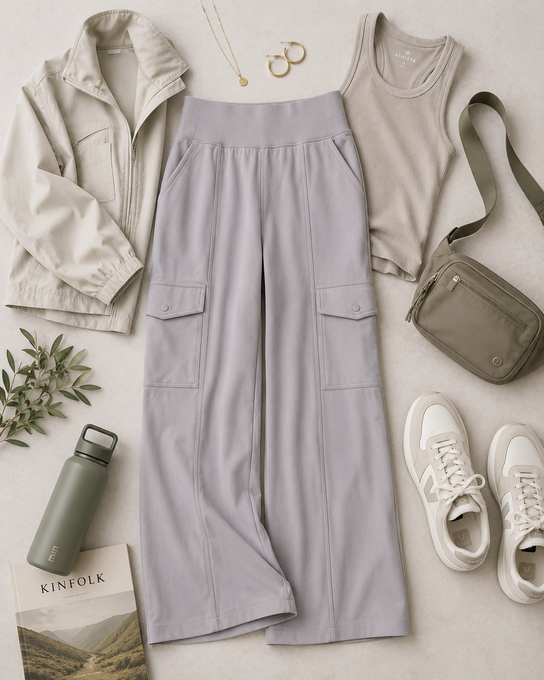 Athleta taupe gray nylon spandex cargo pants with monochromatic snap pockets from Adored Again boutique