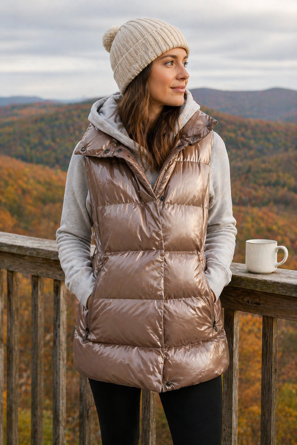 Neutral toned cozy winter outfit with metallic puffer vest hoodie beanie and warm drink aesthetic