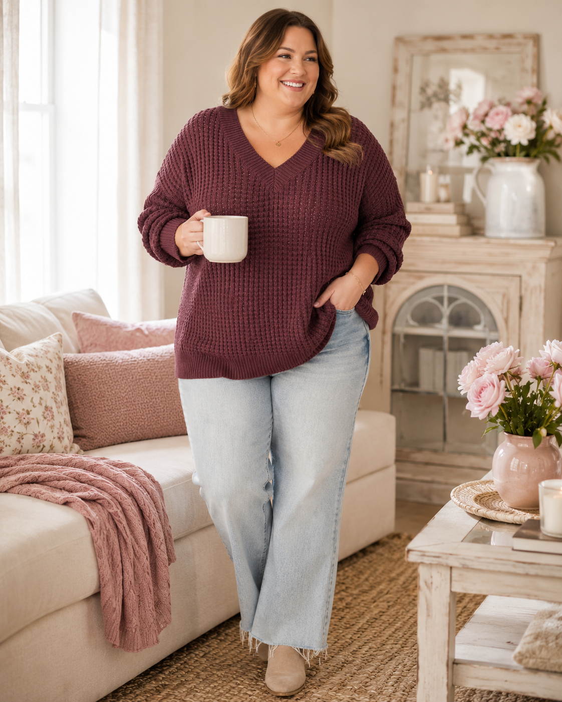 BOHME burgundy waffle knit sweater size XL styled as an elevated casual piece