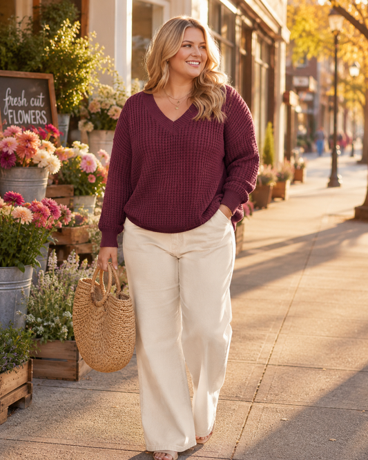 BOHME deep maroon V-neck waffle knit sweater size extra large from Adored Again boutique
