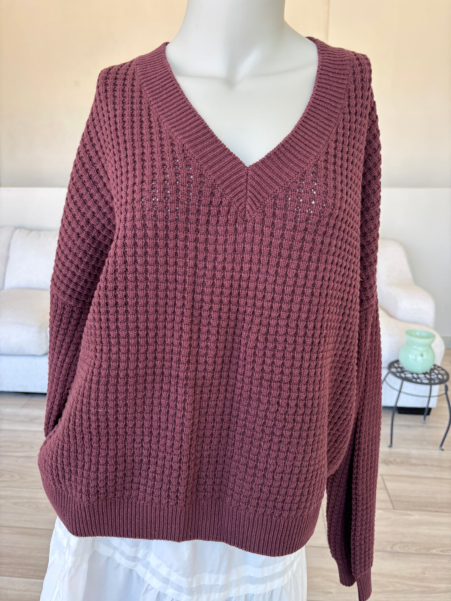 BOHME size XL burgundy textured knit sweater with cotton acrylic blend