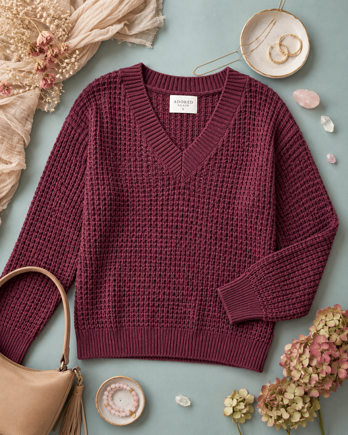 Deep maroon BOHME waffle knit sweater with V-neckline and relaxed fit