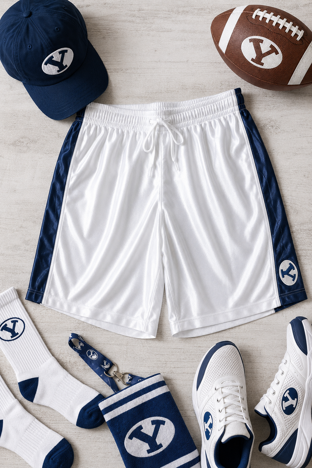 BYU Cougars men’s NCAA athletic shorts size XL flat lay