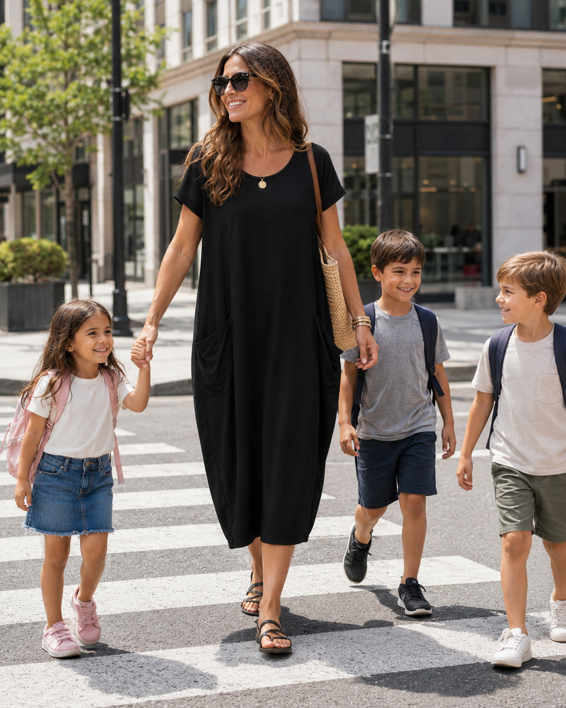 Black city style dress with relaxed fit and modern slouch pocket detail
