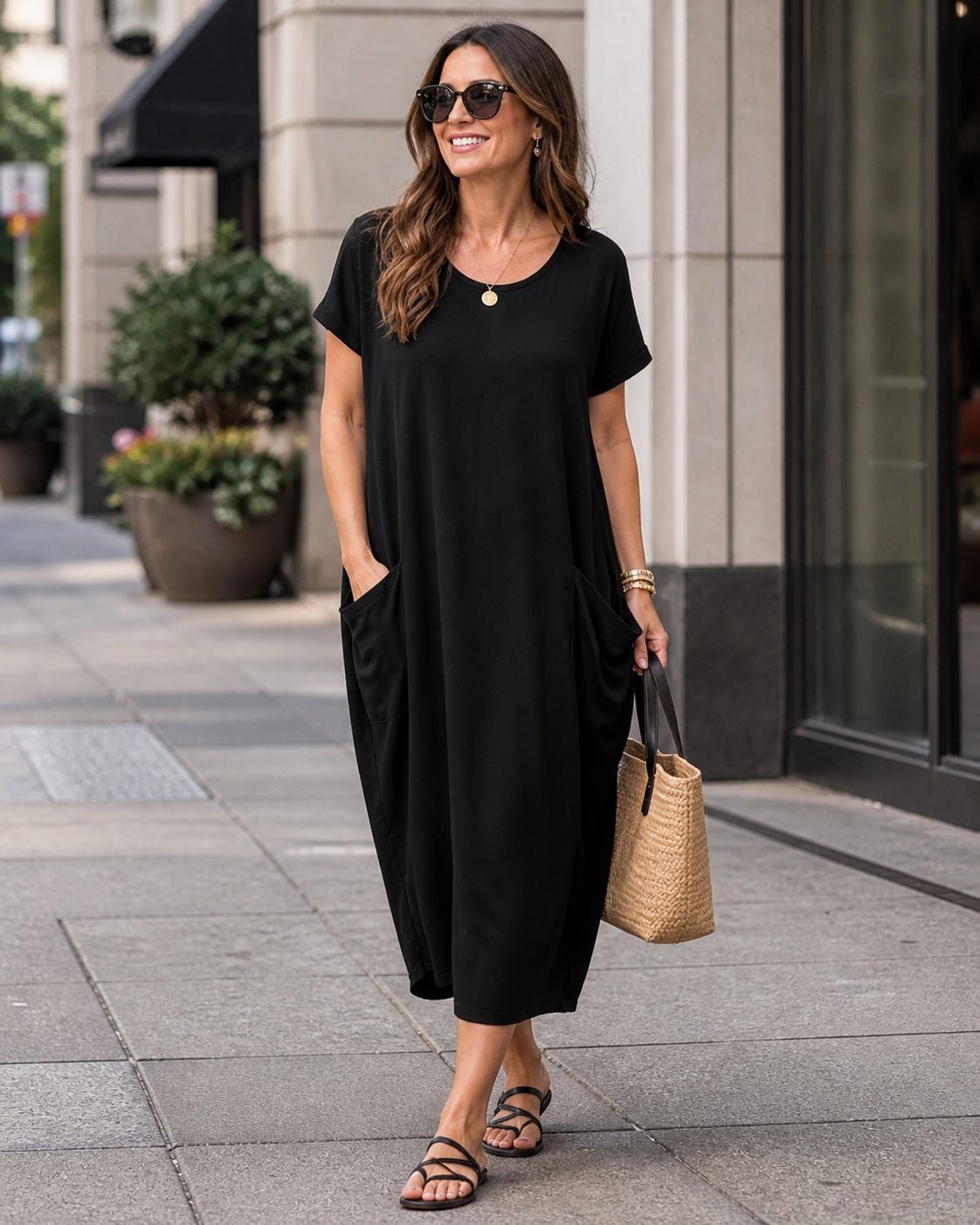 Black short sleeve slouch pocket dress with relaxed draped silhouette