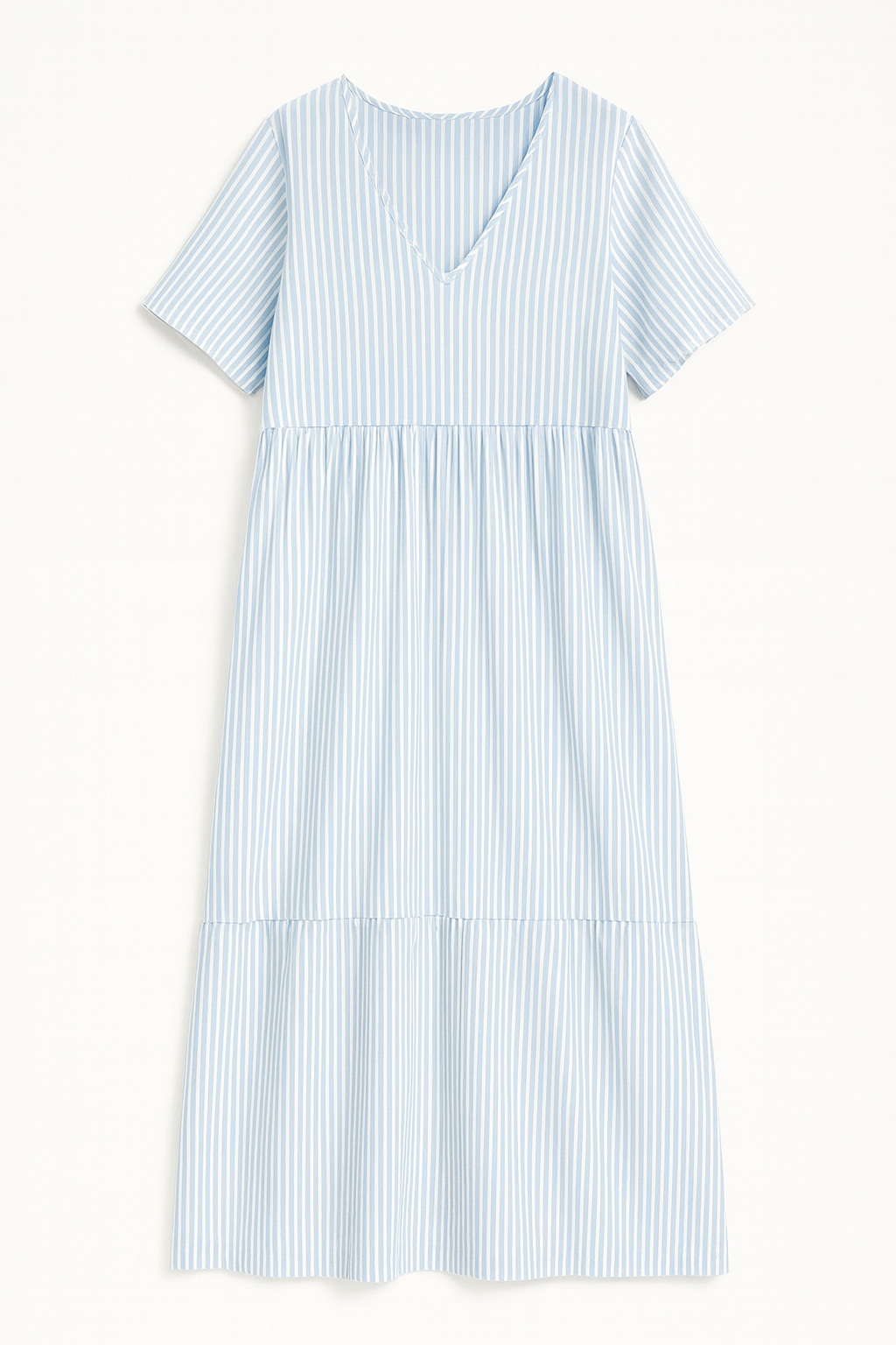 Blue and white striped midi dress lifestyle shot elegant drape and movement