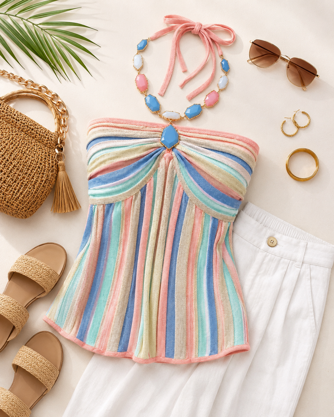 Boston Proper pastel stripe halter top with stone look neckline and gold tone accents