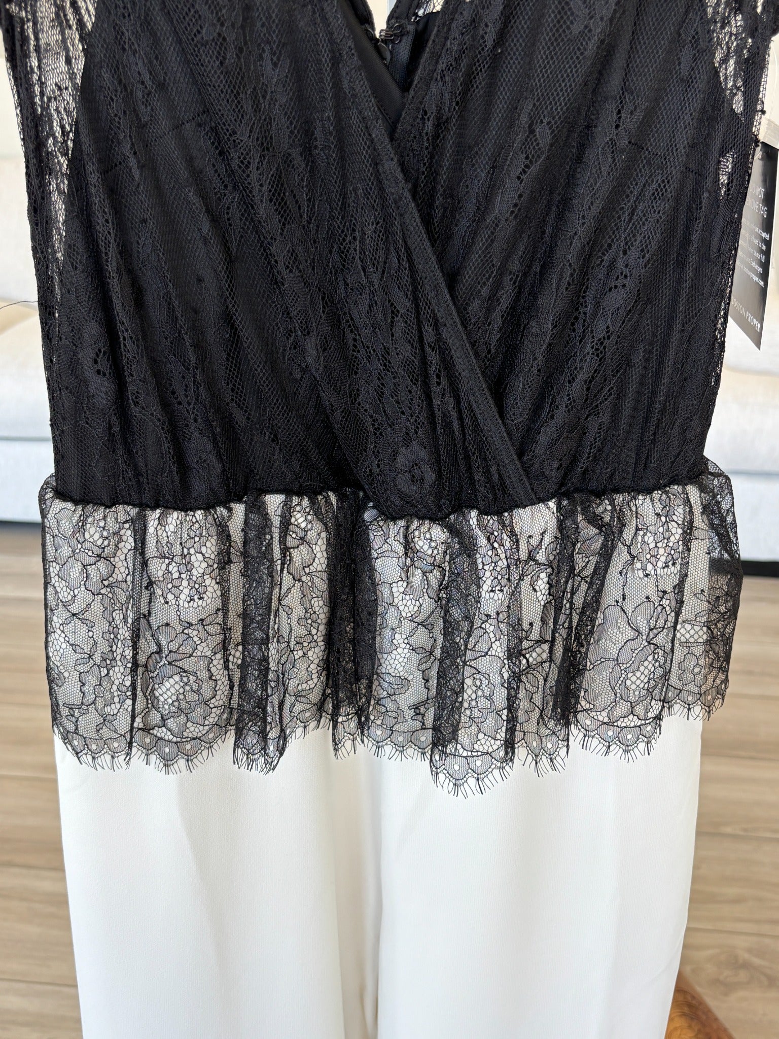 Boston Proper black and ivory jumpsuit with feminine lace waist overlay detail