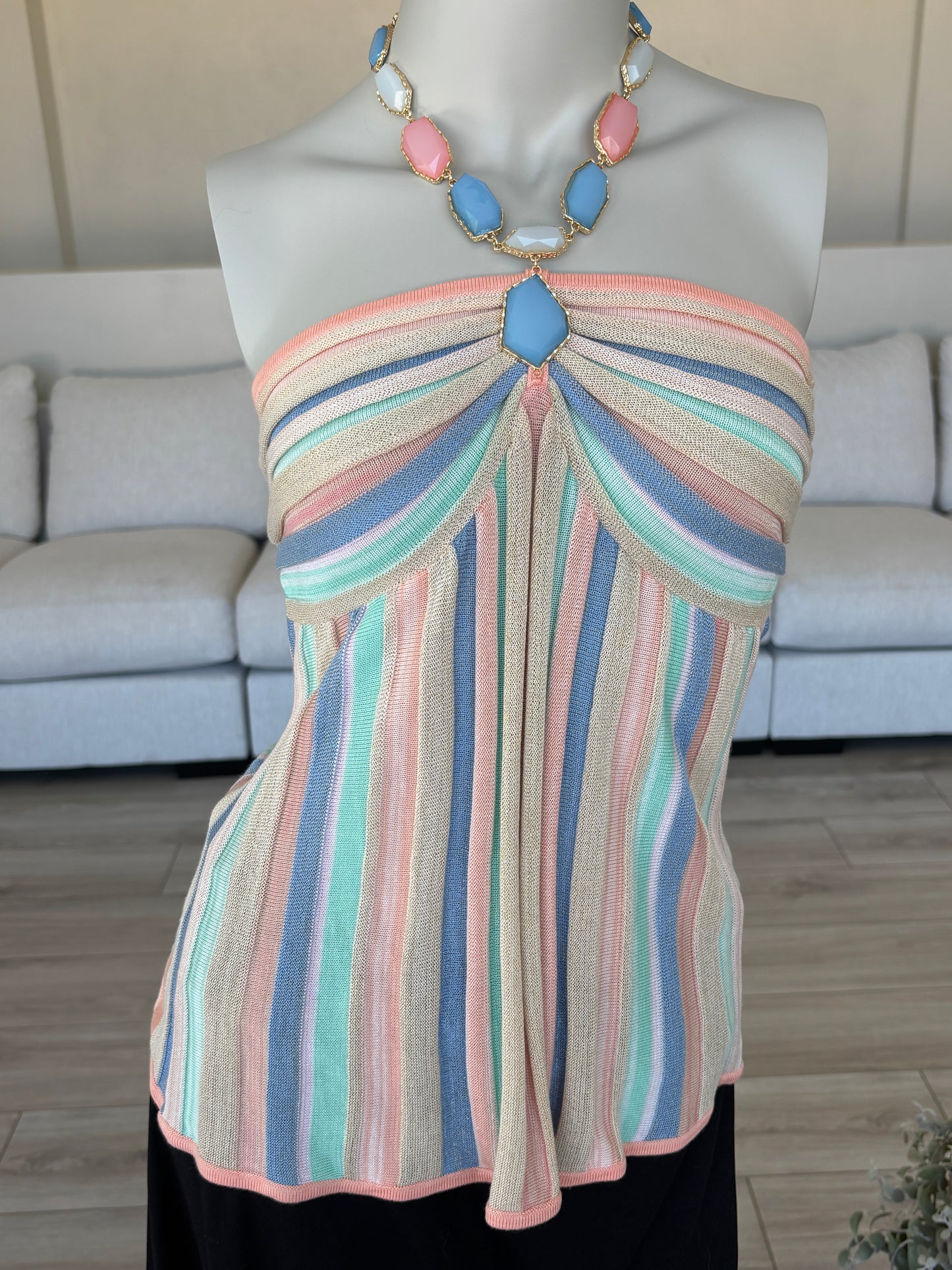 Women’s Boston Proper summer halter top with coral aqua blue and beige vertical stripes