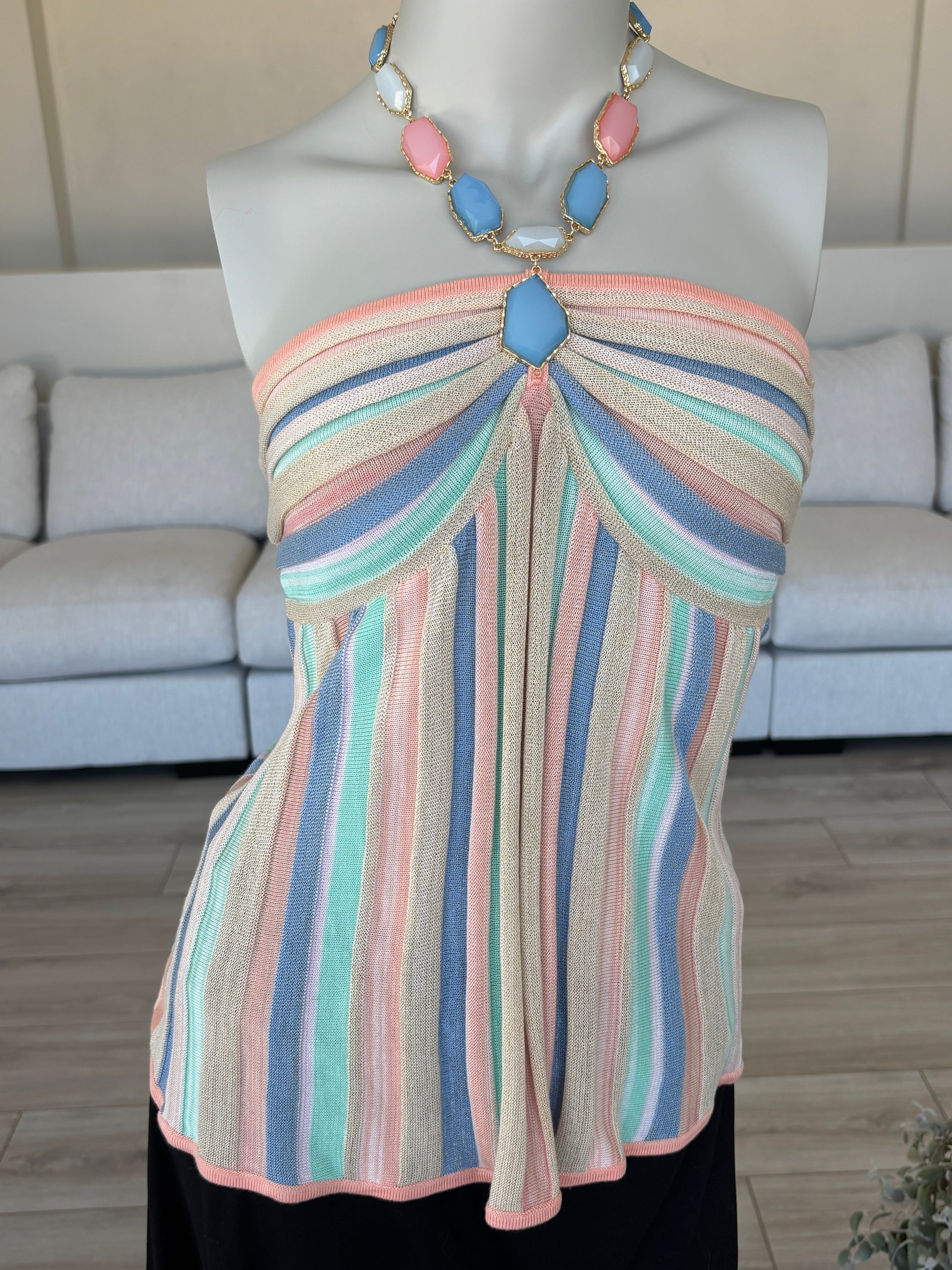 Women’s Boston Proper summer halter top with coral aqua blue and beige vertical stripes