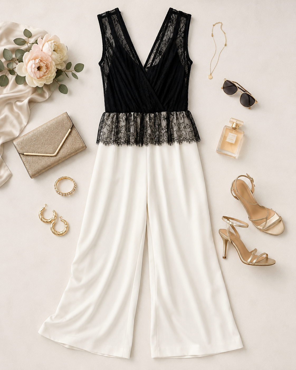 Elegant Boston Proper jumpsuit with black lace bodice and ivory wide leg pants