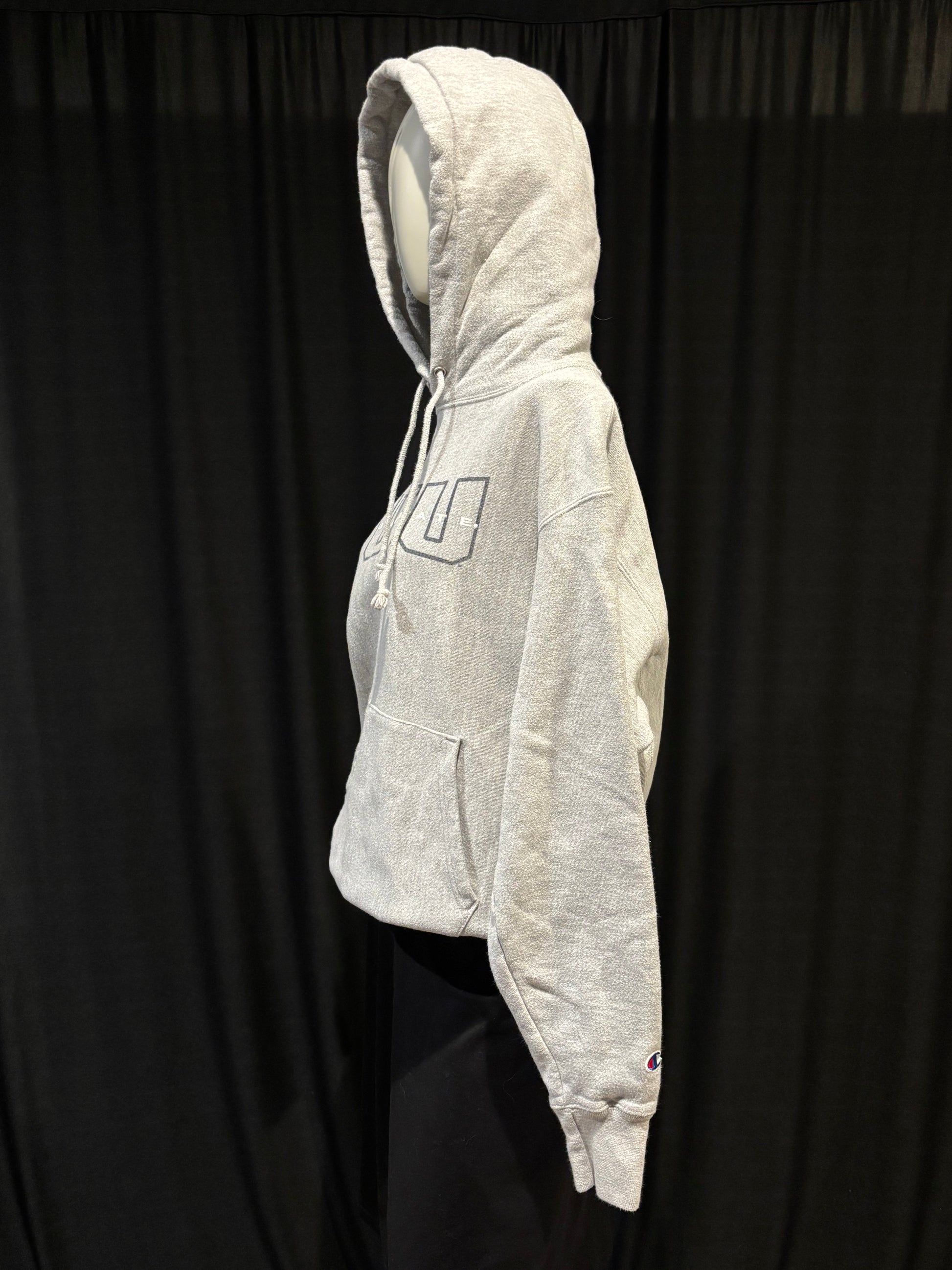 Champion Reverse Weave - Utah State University Hoodie - Gray - Size M - side view warm in cold weather.