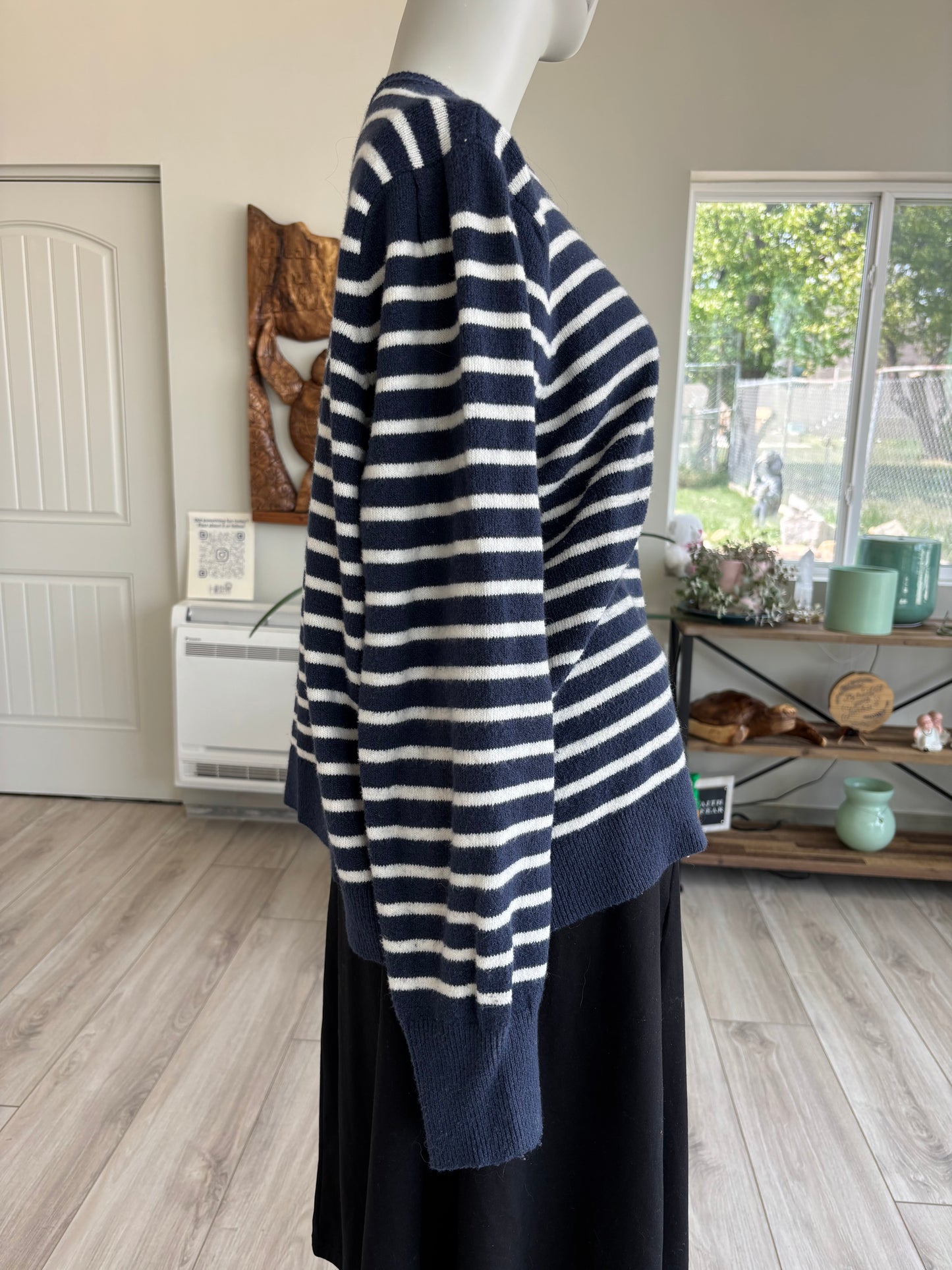 Caslon Side view of white and blue striped sweater, Length M, Blue trim, Size 12