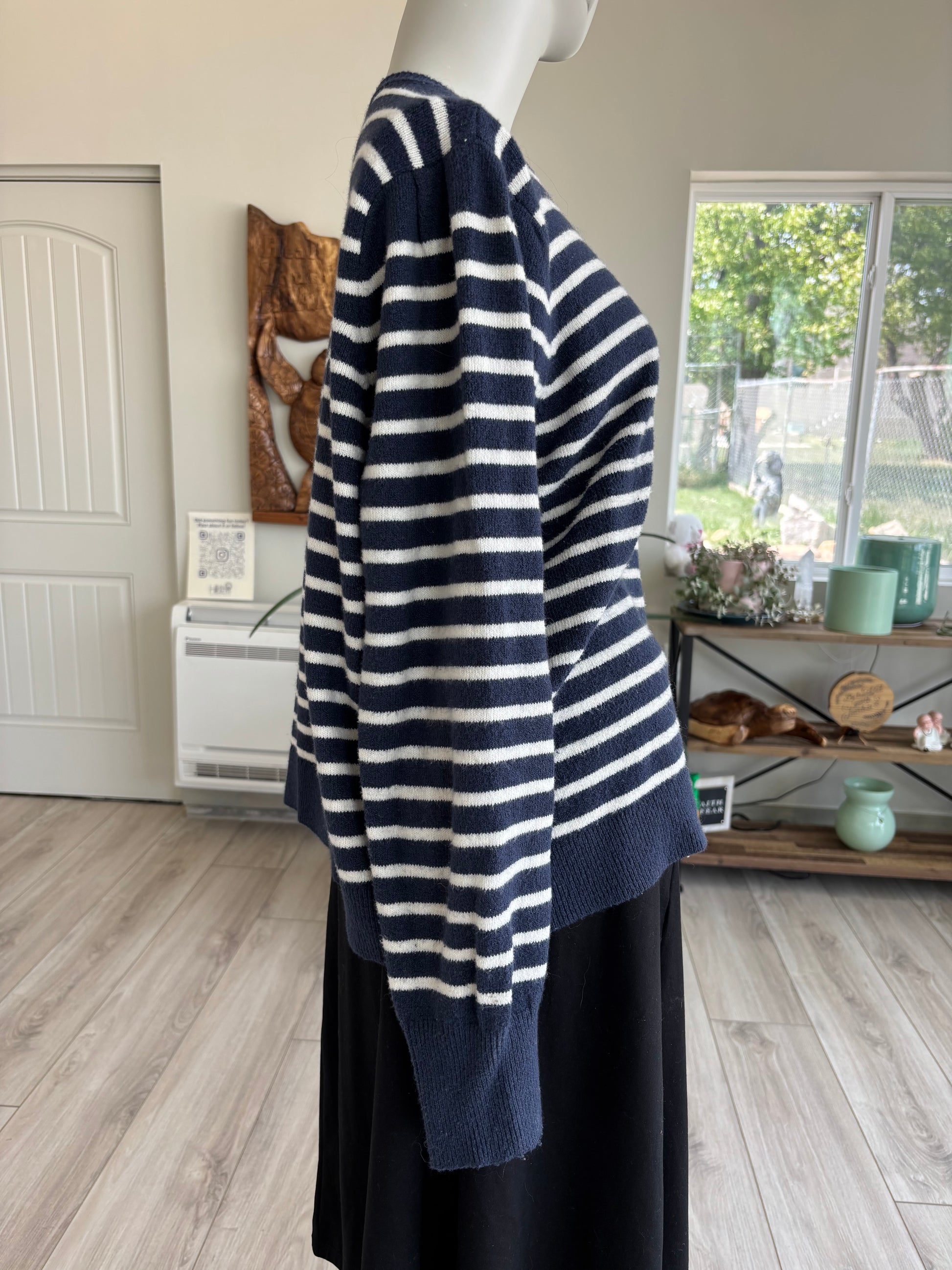 Caslon Side view of white and blue striped sweater, Length M, Blue trim, Size 12