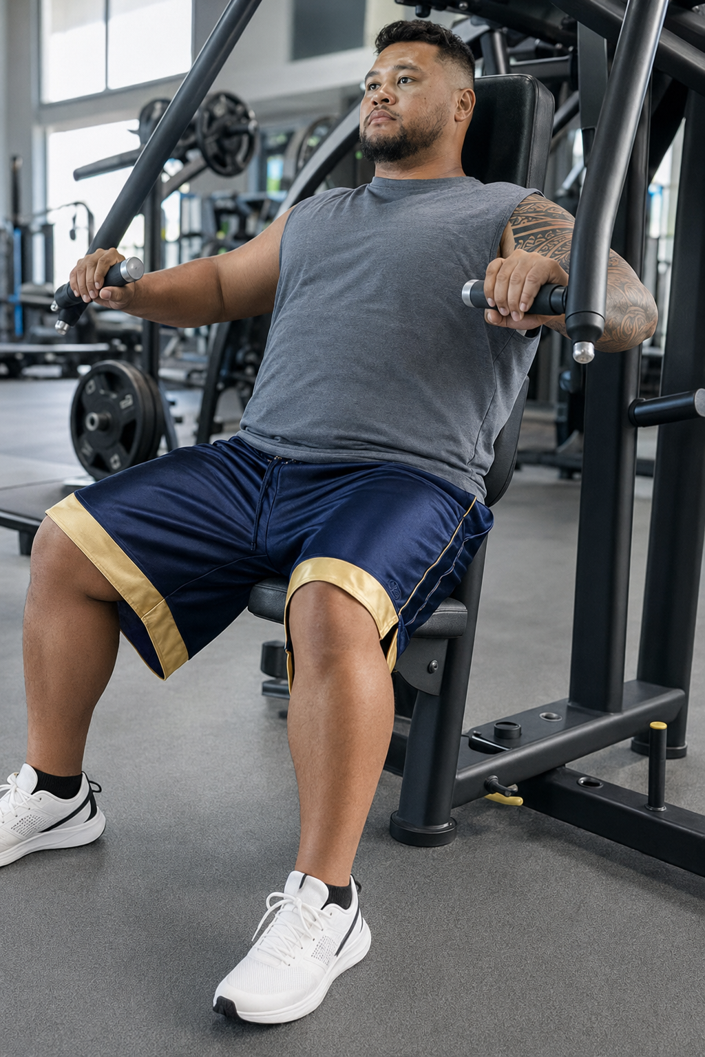 Champion navy blue athletic shorts with gold leg opening trim