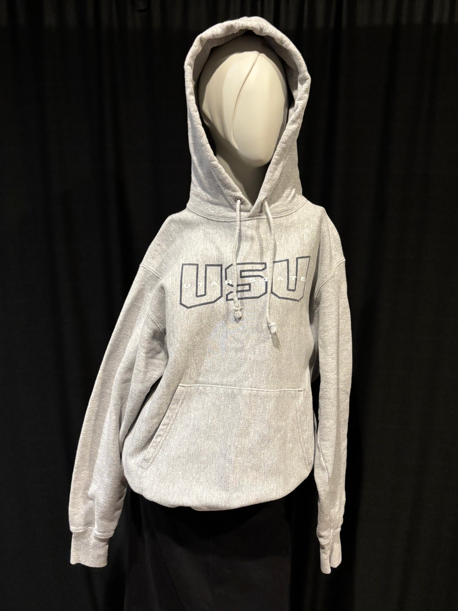 Champion Reverse Weave - Utah State University Hoodie - Gray - Size M - front view - hood up warm