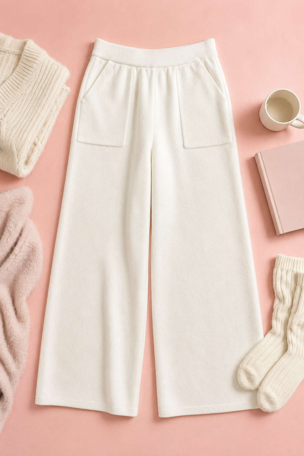 Woman wearing Pink Lily cream wide leg knit lounge pants for a cozy day.
