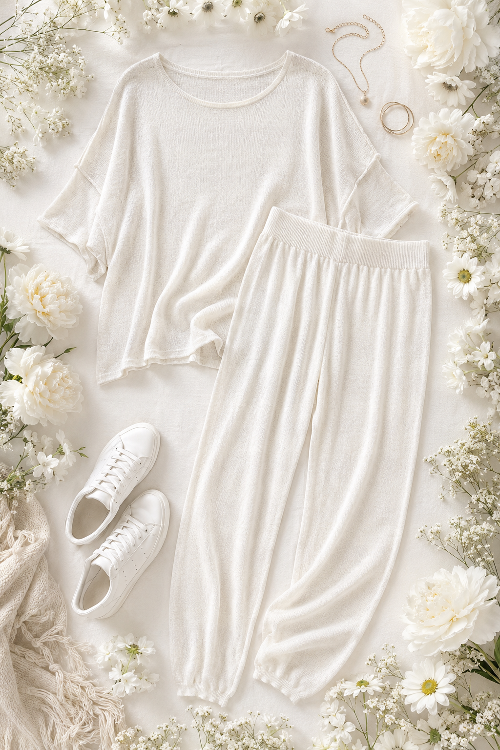Ivory Knit Burnout Two Piece Lounge Set, Size S