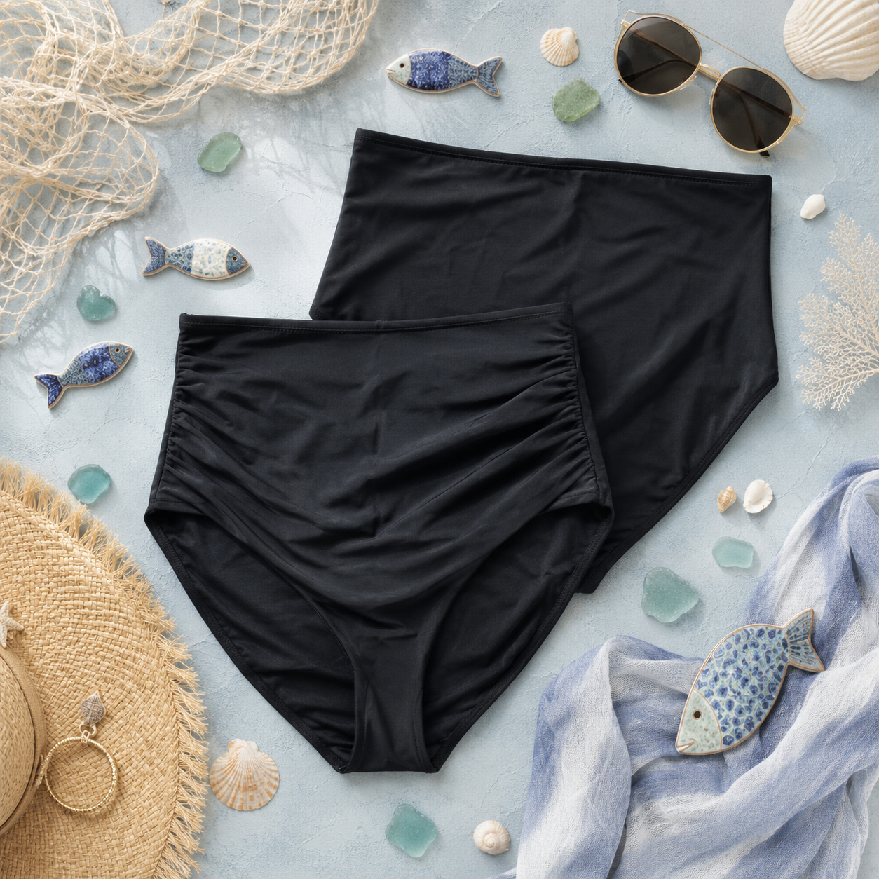 Janela Bay Black Ruched High Waisted Swim Brief