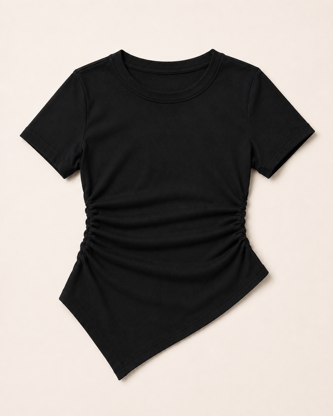 OQQ Black Ruched Asymmetrical Hem Fitted Stretch Top Size Large
