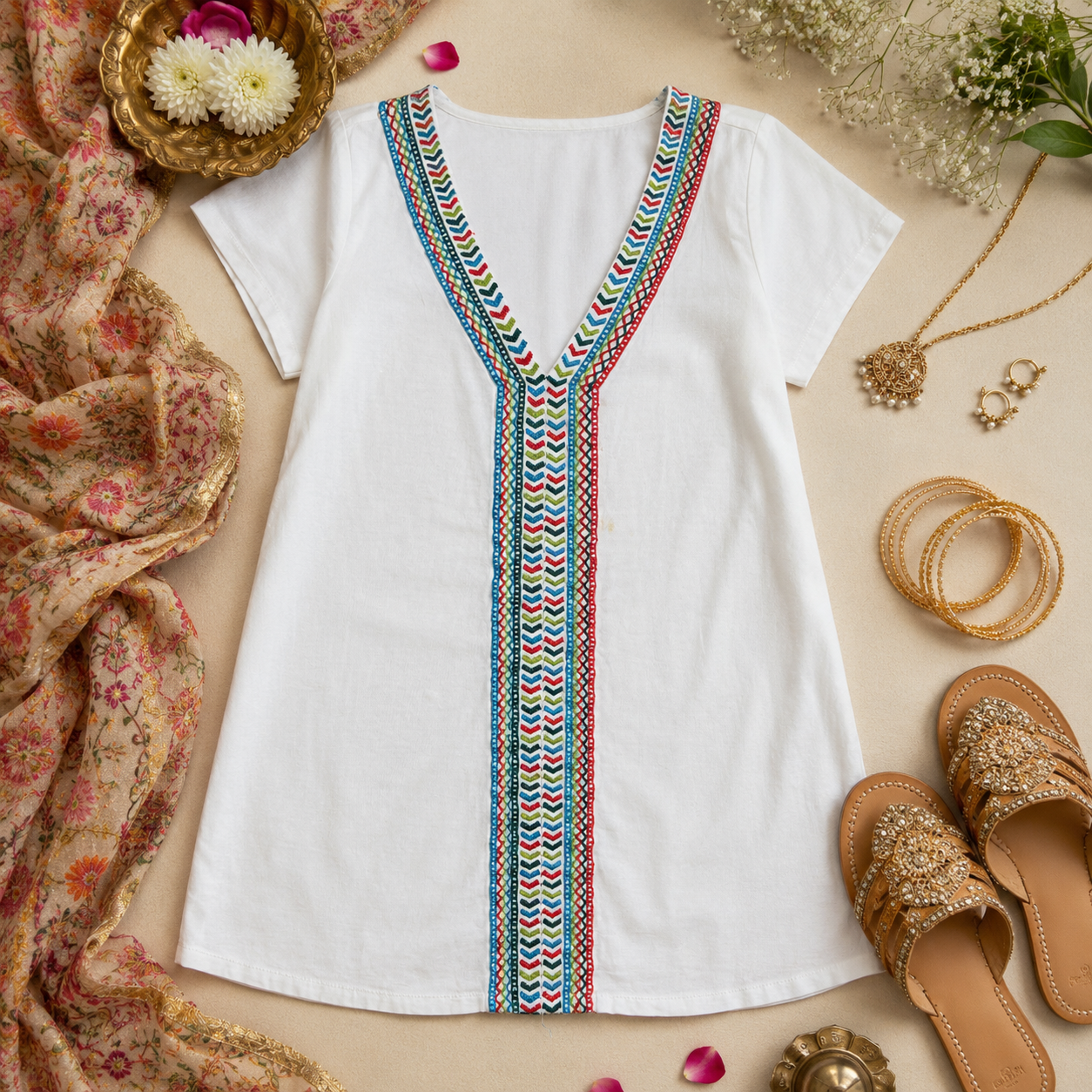 Size Large embroidered cotton top featuring a crisp white body, vibrant front embroidery, and an easy relaxed silhouette.