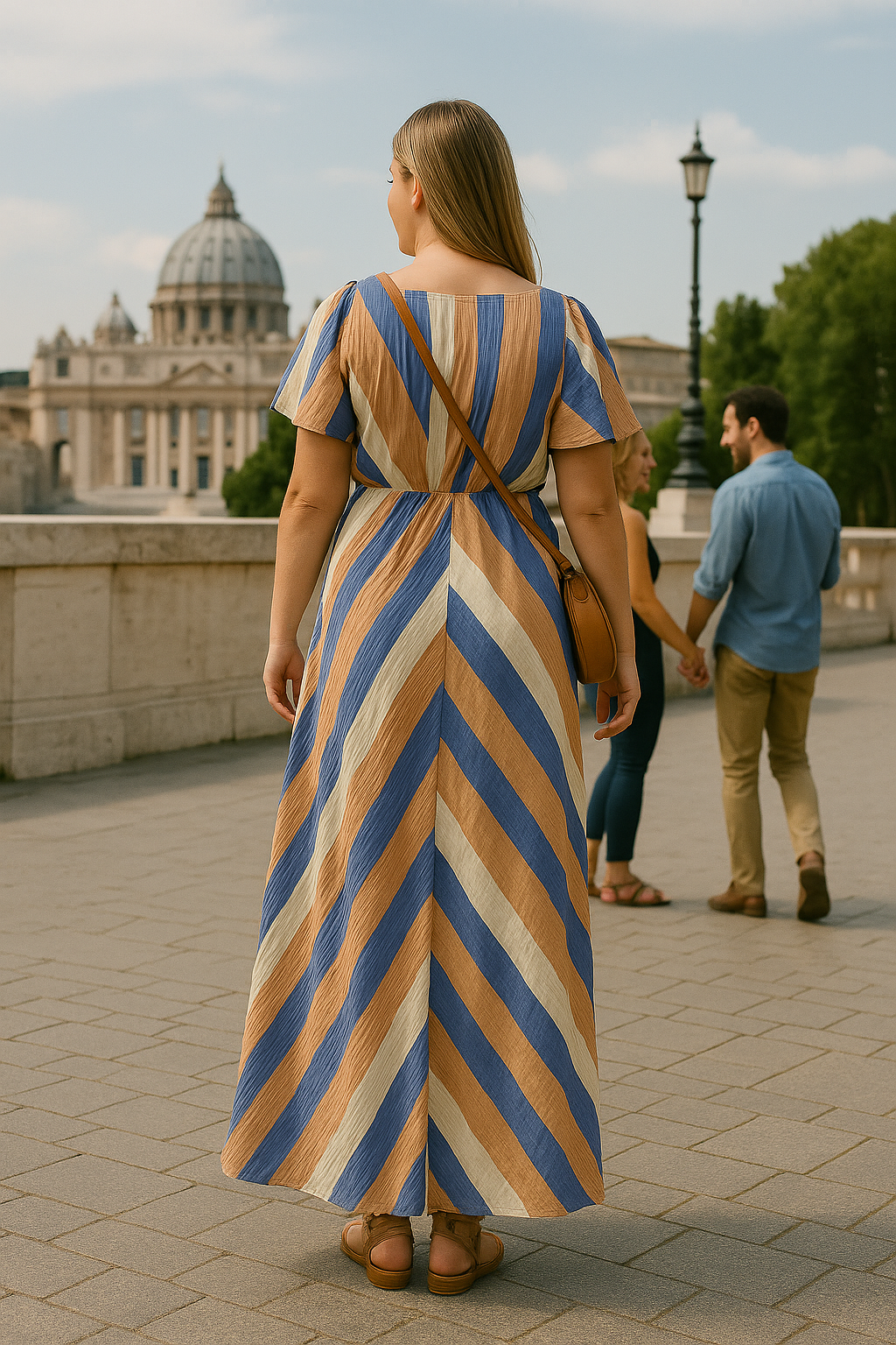 Dee Elly - Coastal Stripe Maxi Dress - Size M - Rear view, blue, camel, cream dark blue