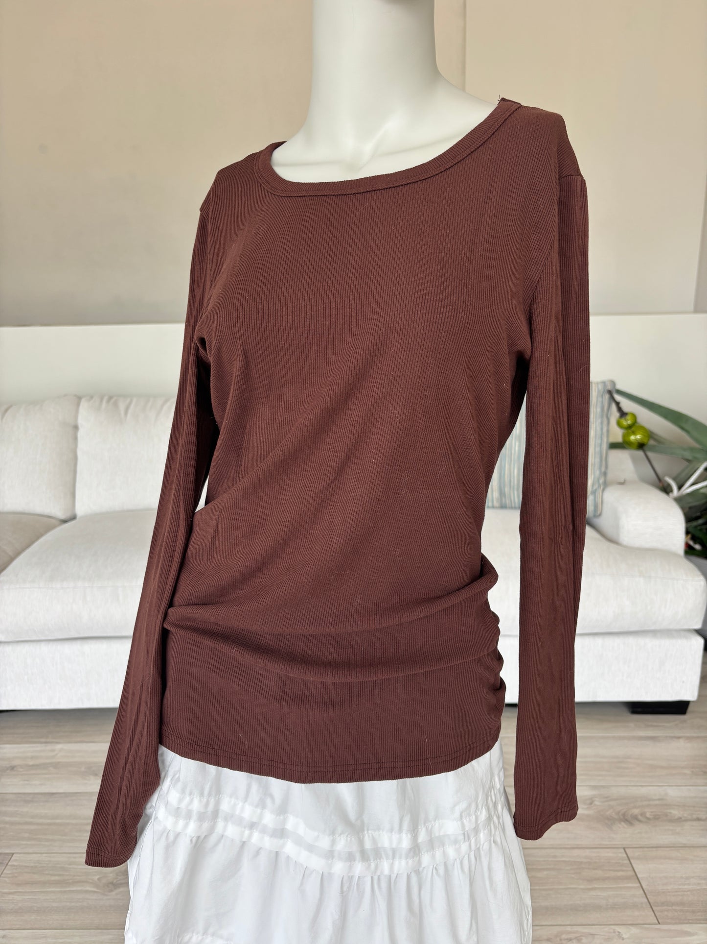 Chocolate brown ribbed boat neck long sleeve top size large with side ruching and body skimming fit from Adored Again boutique