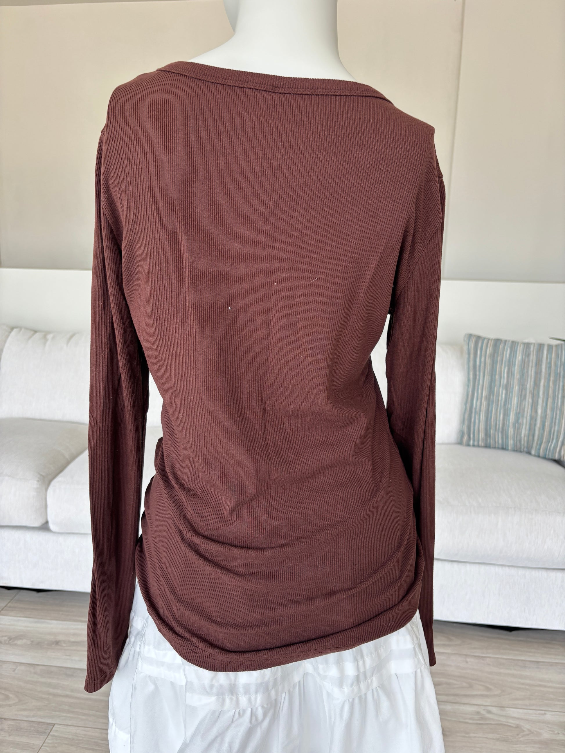 Women’s chocolate brown rayon spandex top size large with boat neckline long sleeves and soft stretch fit from Adored Again boutique