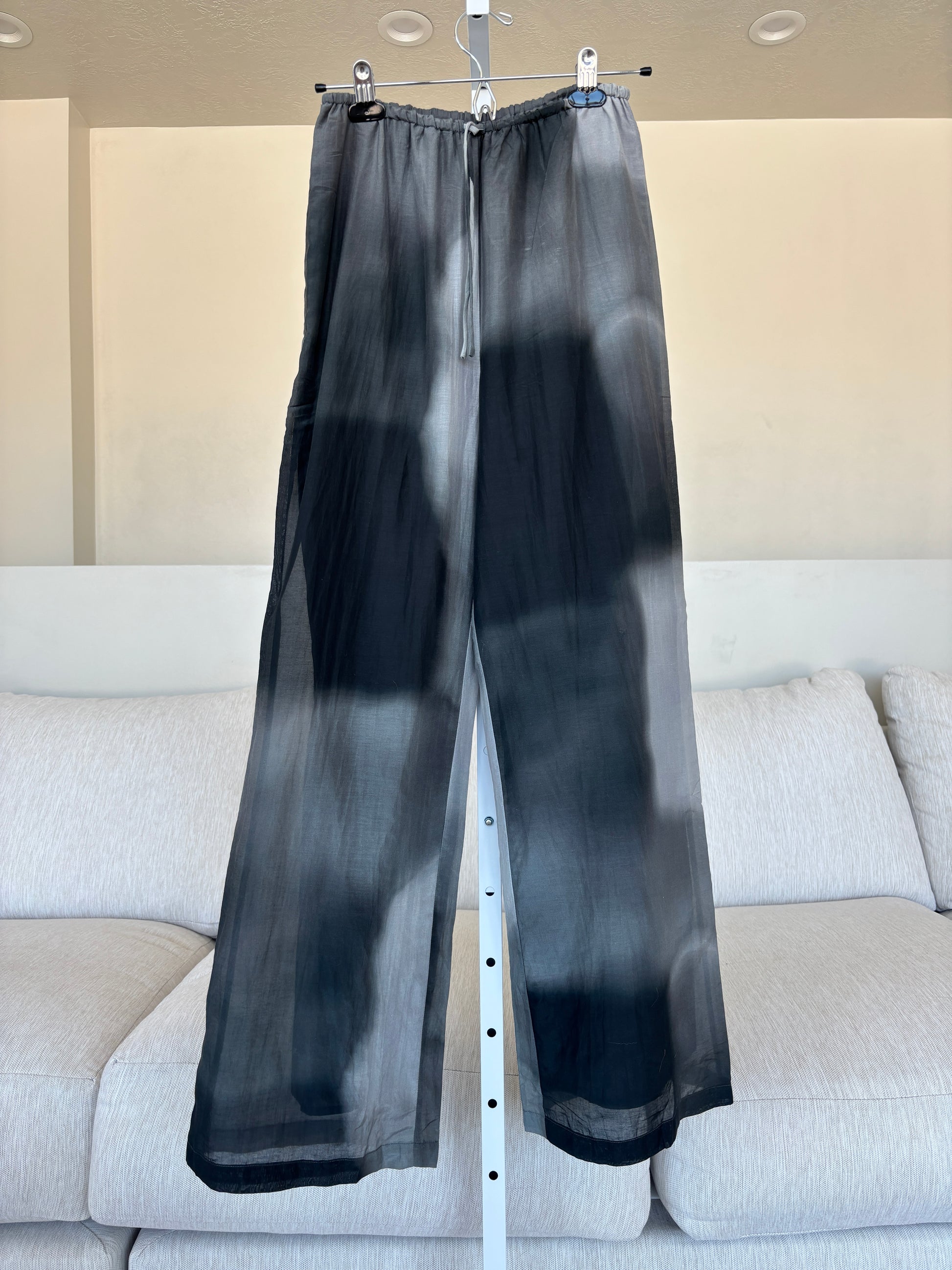 Front view of DISSH Delaney black and gray tie-dye wide-leg pants in a silk and cotton blend, US Size 4.