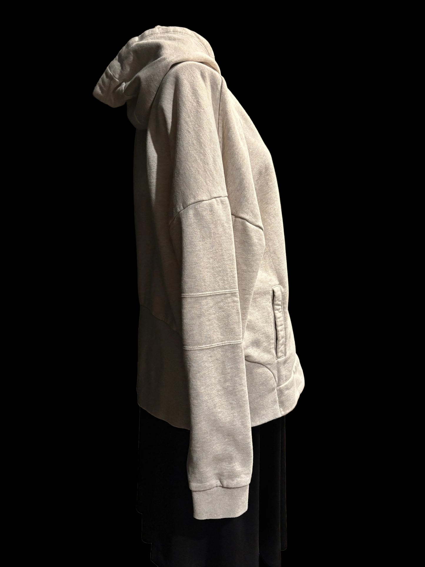 Techstyles - Duke's Waikiki Hooded Sweatshirt - Heathered Tan/Grey - Size XL - Side View - cozy and Cute. double seem elbows, front pockets