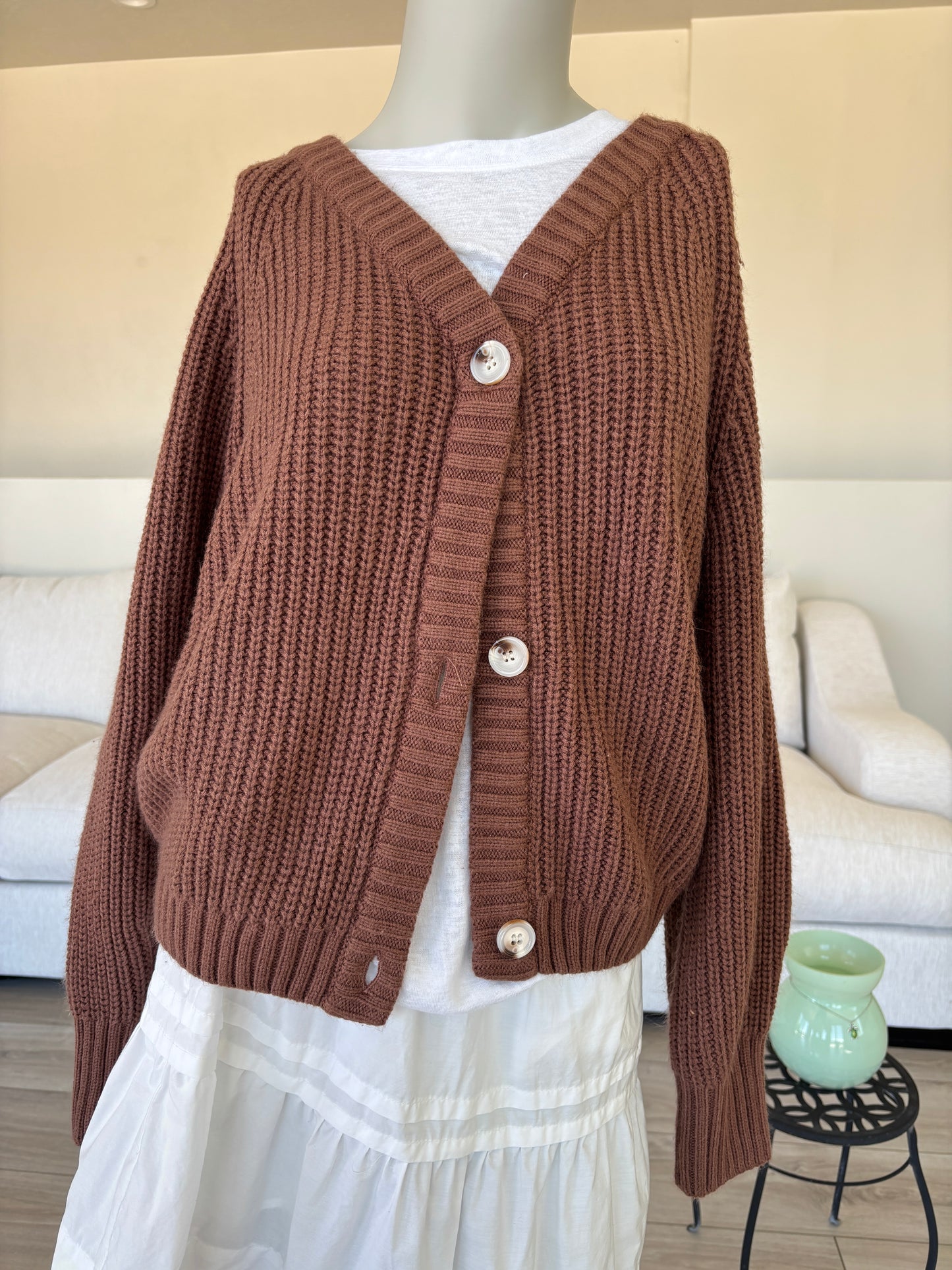 Fashion brown V neck cardigan size large with ribbed trim and long sleeves