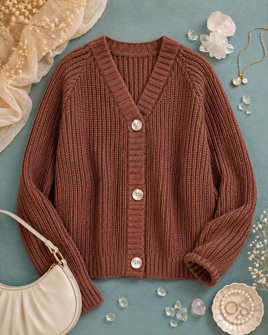 Brown textured knit cardigan sweater with three front buttons and cozy relaxed fit