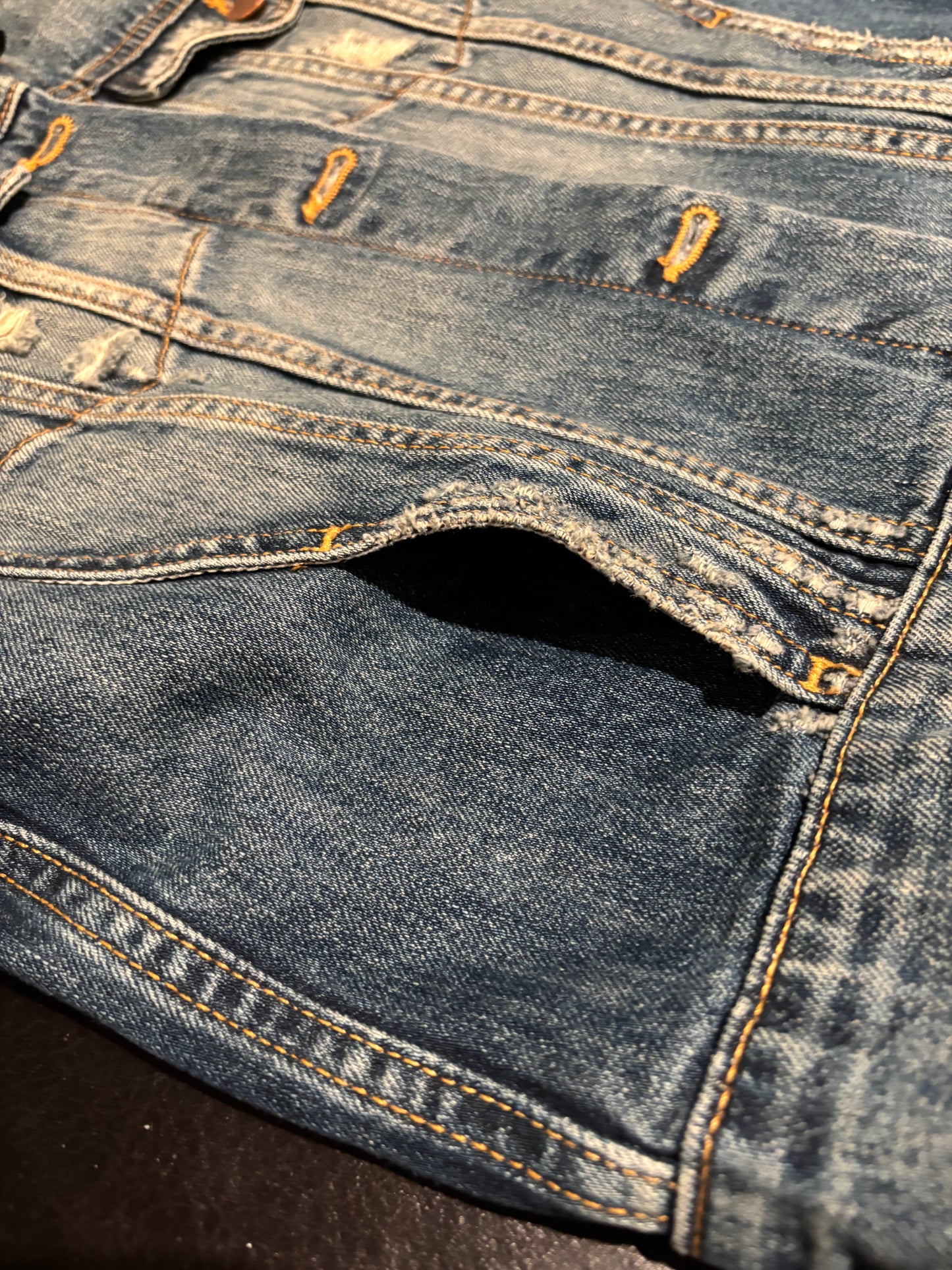 Fidelity Denim - Distressed Denim Jacket with Copper Buttons - Size XS - Side pocket opening flattering