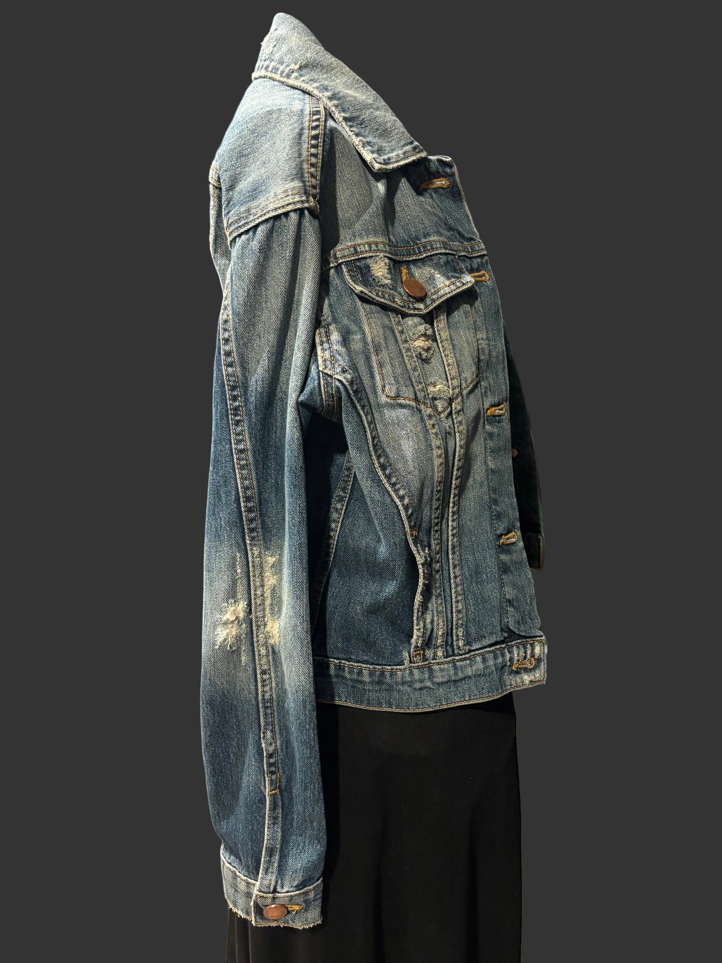Fidelity Denim - Premium Brand Distressed Denim Jacket with Copper Buttons - Size XS - made in USA - side pocket